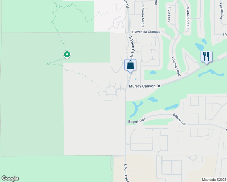 map of restaurants, bars, coffee shops, grocery stores, and more near 211 Canyon Circle North in Palm Springs