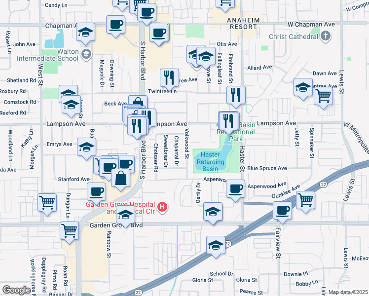 map of restaurants, bars, coffee shops, grocery stores, and more near 12742 Heather Avenue in Garden Grove