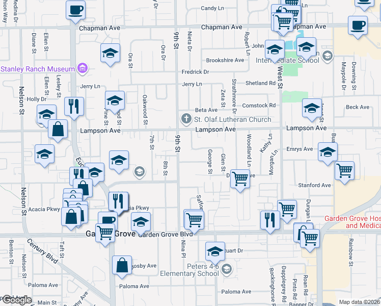 map of restaurants, bars, coffee shops, grocery stores, and more near 12601 Safford Street in Garden Grove