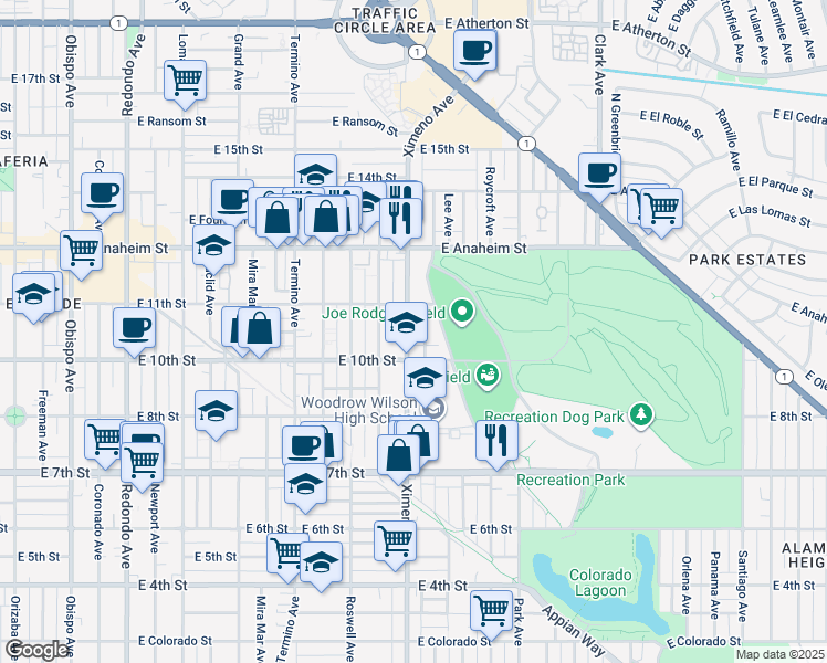 map of restaurants, bars, coffee shops, grocery stores, and more near 1054 Ximeno Avenue in Long Beach
