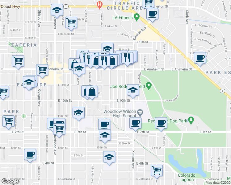 map of restaurants, bars, coffee shops, grocery stores, and more near 1060 Belmont Avenue in Long Beach