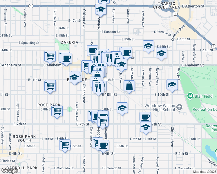 map of restaurants, bars, coffee shops, grocery stores, and more near in Long Beach