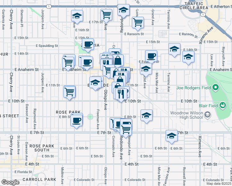 map of restaurants, bars, coffee shops, grocery stores, and more near 1048 Coronado Avenue in Long Beach
