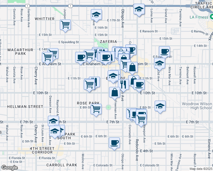 map of restaurants, bars, coffee shops, grocery stores, and more near 1055 Orizaba Avenue in Long Beach