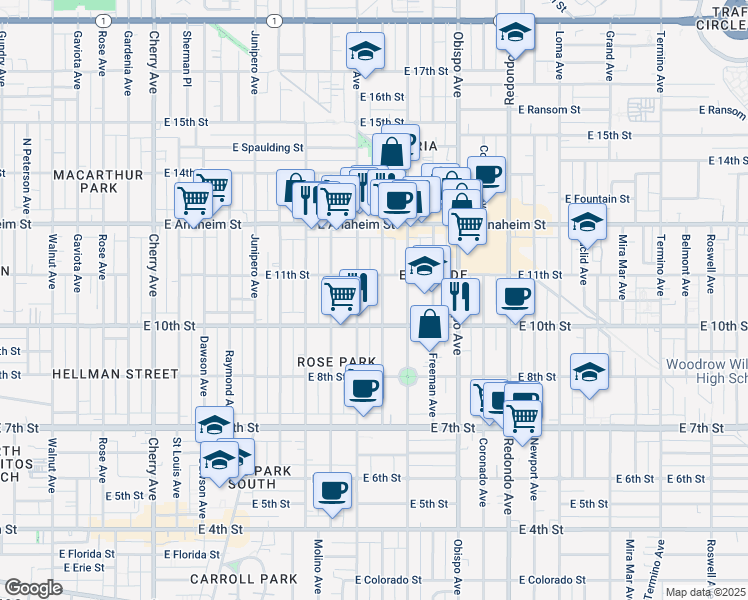 map of restaurants, bars, coffee shops, grocery stores, and more near 1051 Gladys Avenue in Long Beach
