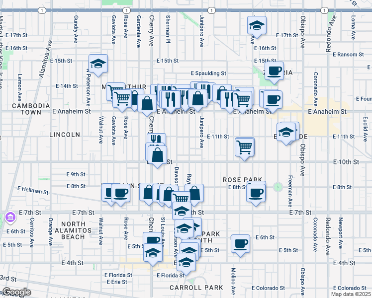 map of restaurants, bars, coffee shops, grocery stores, and more near 2315 East Vera Court in Long Beach