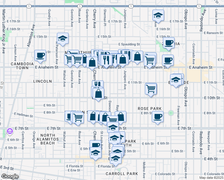 map of restaurants, bars, coffee shops, grocery stores, and more near 1054 Dawson Avenue in Long Beach