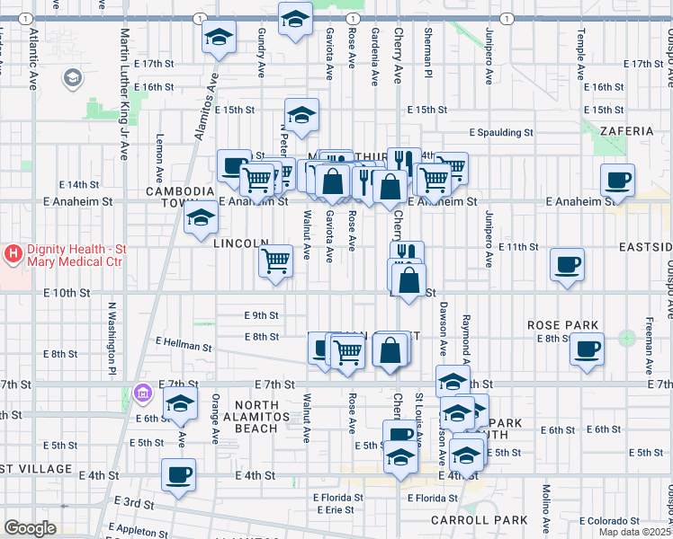 map of restaurants, bars, coffee shops, grocery stores, and more near 1054 Minerva Park in Long Beach