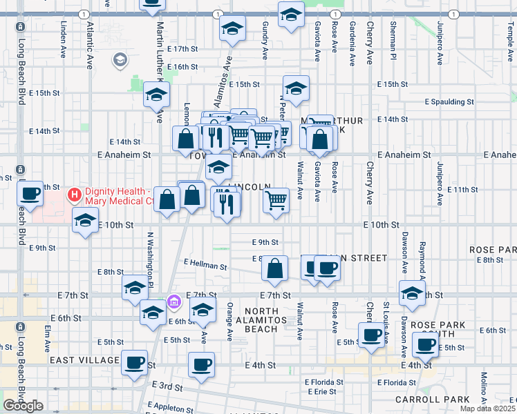 map of restaurants, bars, coffee shops, grocery stores, and more near 1048 Mahanna Avenue in Long Beach