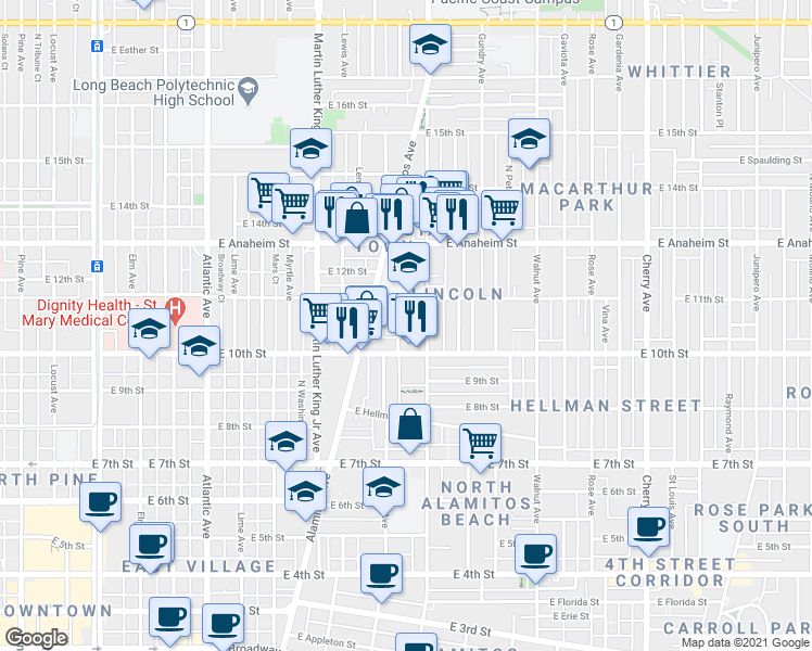 map of restaurants, bars, coffee shops, grocery stores, and more near 1053 Cerritos Avenue in Long Beach