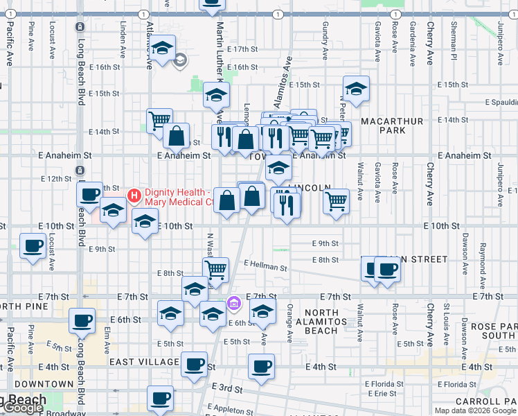 map of restaurants, bars, coffee shops, grocery stores, and more near 1055 Alamitos Avenue in Long Beach