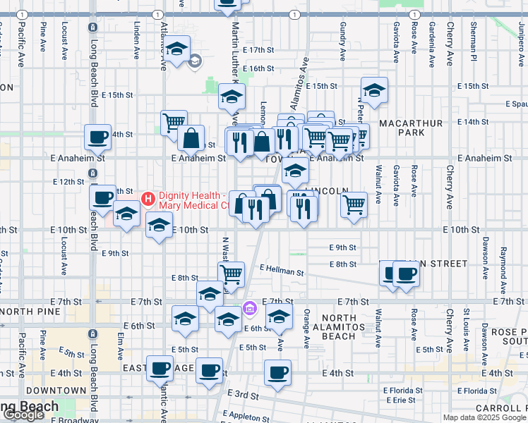 map of restaurants, bars, coffee shops, grocery stores, and more near 1055 Alamitos Avenue in Long Beach