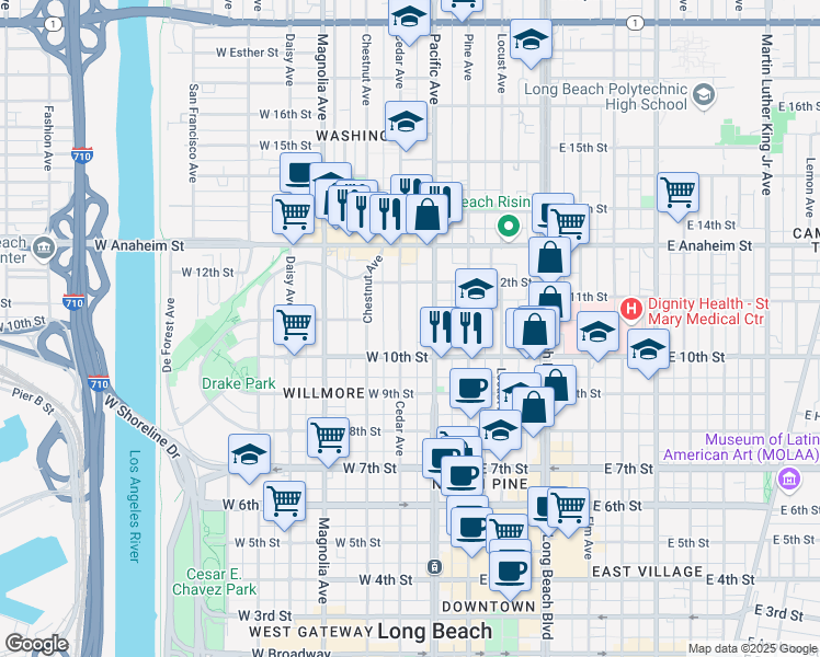 map of restaurants, bars, coffee shops, grocery stores, and more near 1059 Pacific Avenue in Long Beach