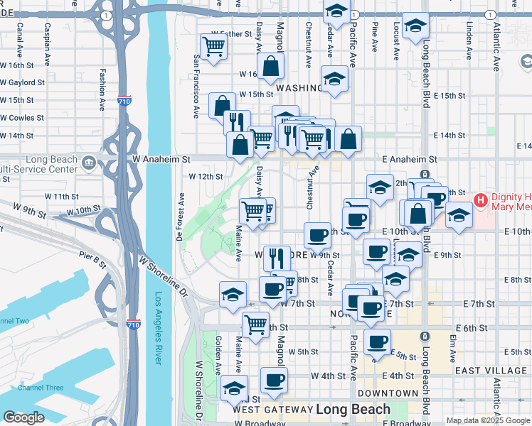 map of restaurants, bars, coffee shops, grocery stores, and more near 514 West 11th Street in Long Beach