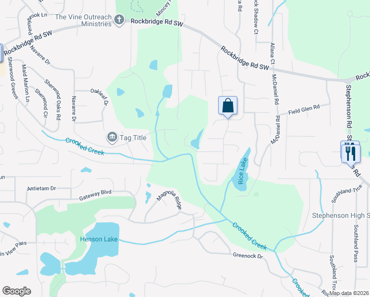 map of restaurants, bars, coffee shops, grocery stores, and more near 6003 Hitt Lake Trail in Stone Mountain