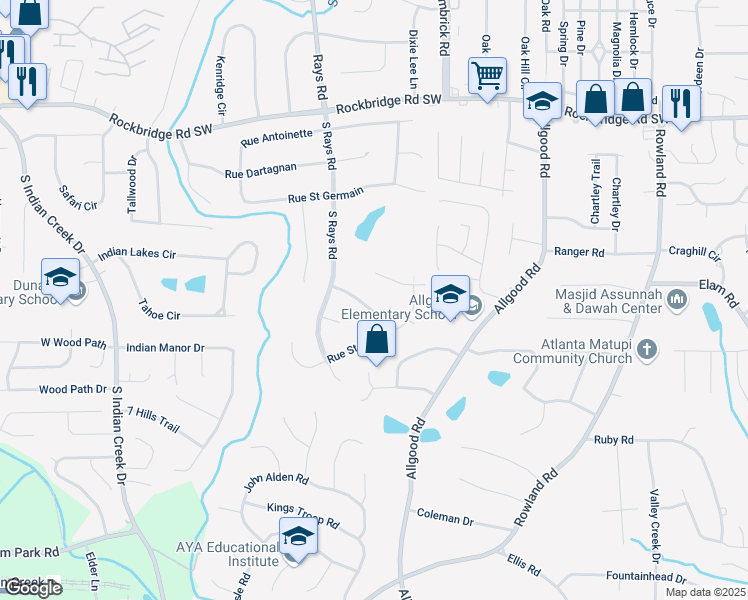 map of restaurants, bars, coffee shops, grocery stores, and more near 4232 Rue Saint Dominique in Stone Mountain