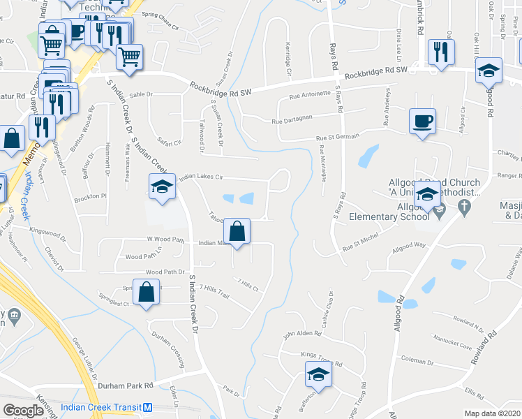 map of restaurants, bars, coffee shops, grocery stores, and more near 694 Tahoe Circle in Stone Mountain