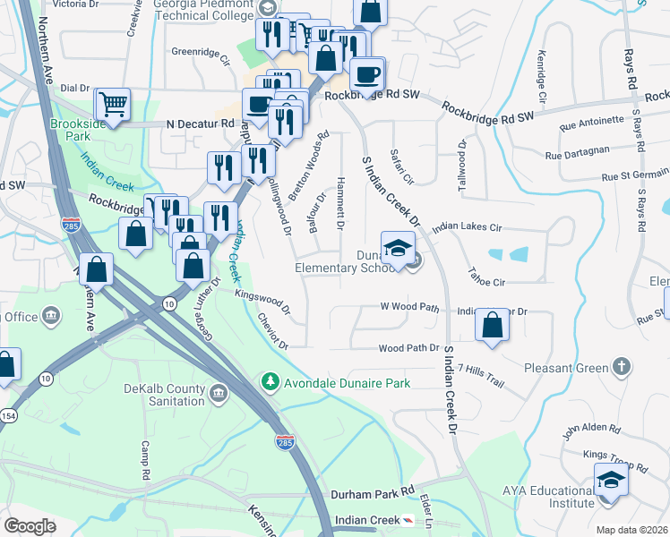 map of restaurants, bars, coffee shops, grocery stores, and more near 3838 Danbury Lane in Decatur