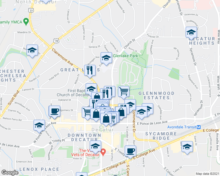 map of restaurants, bars, coffee shops, grocery stores, and more near 415 Clairemont Avenue in Decatur