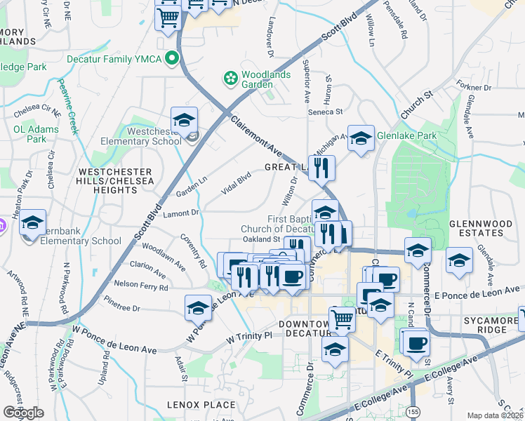 map of restaurants, bars, coffee shops, grocery stores, and more near 182 Lamont Drive in Decatur