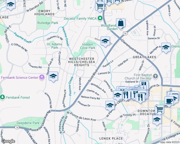 map of restaurants, bars, coffee shops, grocery stores, and more near 520 Scott Boulevard in Decatur