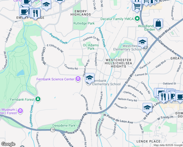 map of restaurants, bars, coffee shops, grocery stores, and more near 1836 Dyson Drive in Decatur