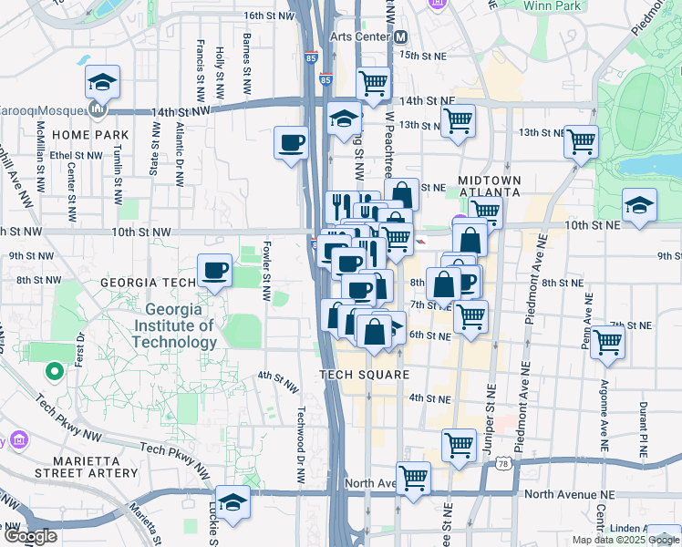map of restaurants, bars, coffee shops, grocery stores, and more near 95 8th Street Northwest in Atlanta