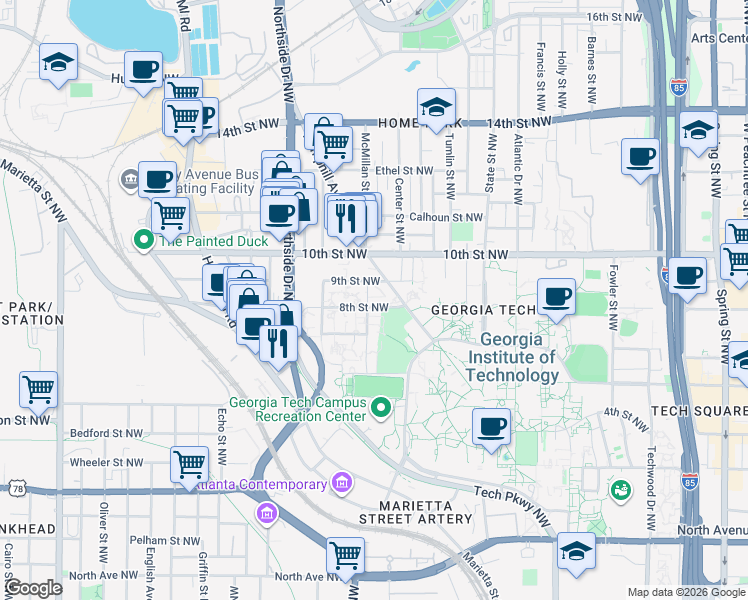 map of restaurants, bars, coffee shops, grocery stores, and more near 491 8th Street Northwest in Atlanta