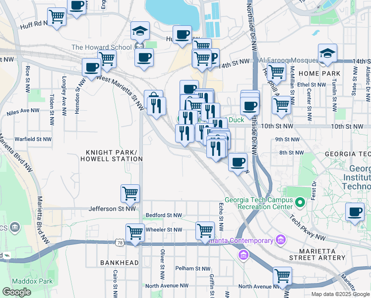 map of restaurants, bars, coffee shops, grocery stores, and more near 788 West Marietta Street Northwest in Atlanta