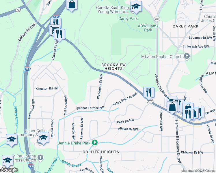 map of restaurants, bars, coffee shops, grocery stores, and more near 875 Eleanor Court Northwest in Atlanta