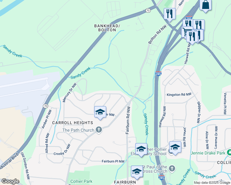 map of restaurants, bars, coffee shops, grocery stores, and more near 923 Fairburn Road Northwest in Atlanta