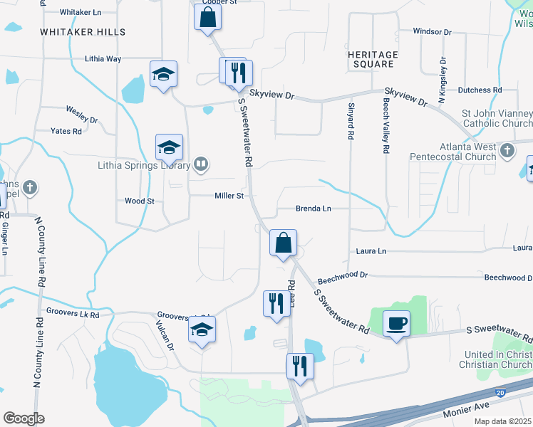 map of restaurants, bars, coffee shops, grocery stores, and more near 7181 Linda Drive in Lithia Springs