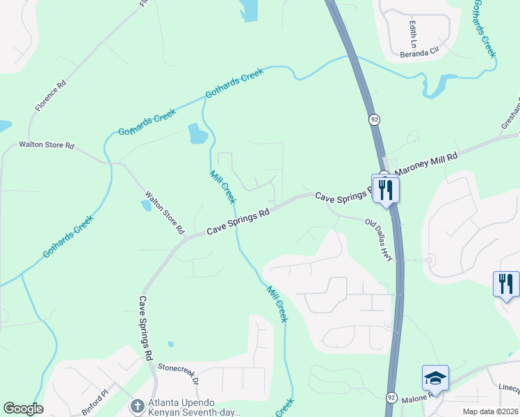 map of restaurants, bars, coffee shops, grocery stores, and more near 6988 Borowood Lane in Douglasville