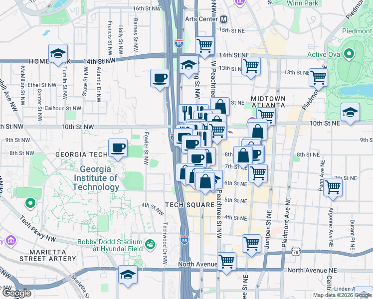 map of restaurants, bars, coffee shops, grocery stores, and more near 95 8th Street Northwest in Atlanta