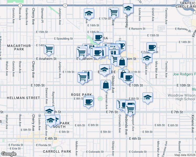 map of restaurants, bars, coffee shops, grocery stores, and more near 1055 Orizaba Avenue in Long Beach