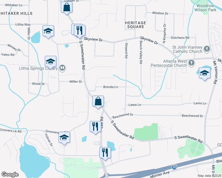map of restaurants, bars, coffee shops, grocery stores, and more near 3340 Brenda Lane in Lithia Springs