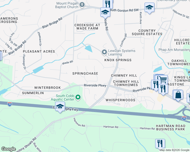 map of restaurants, bars, coffee shops, grocery stores, and more near 834 Springchase Dr in Austell