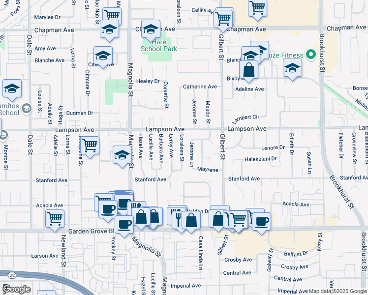 map of restaurants, bars, coffee shops, grocery stores, and more near 12592 Loraleen Street in Garden Grove