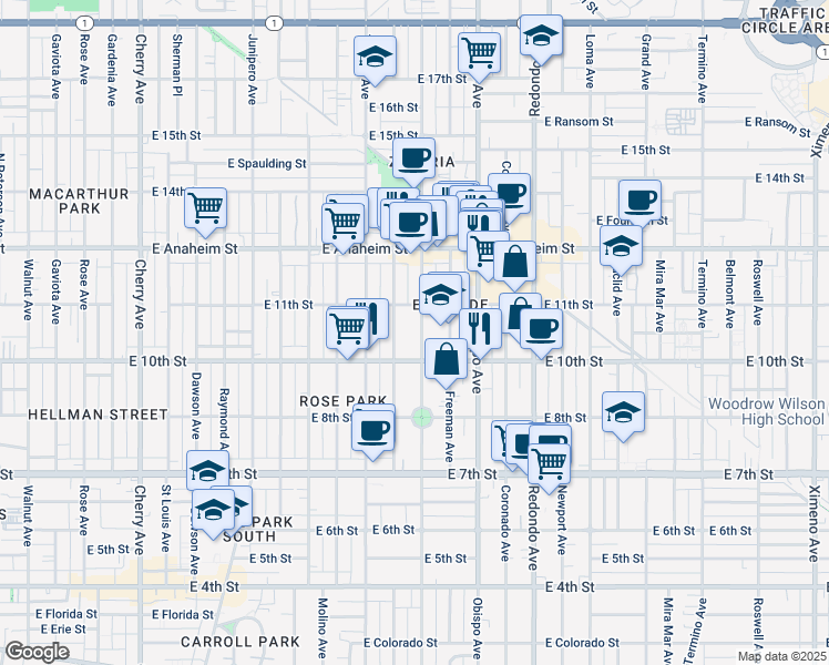 map of restaurants, bars, coffee shops, grocery stores, and more near 1055 Orizaba Avenue in Long Beach