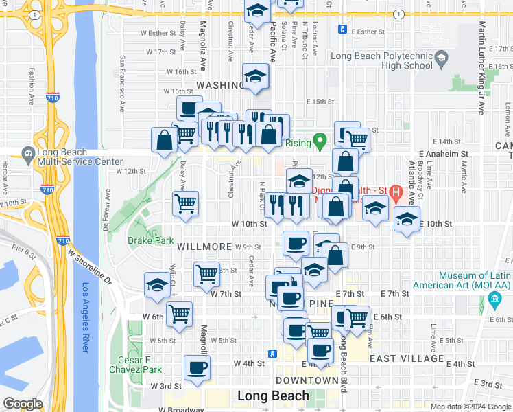 map of restaurants, bars, coffee shops, grocery stores, and more near 1044 Cedar Avenue in Long Beach