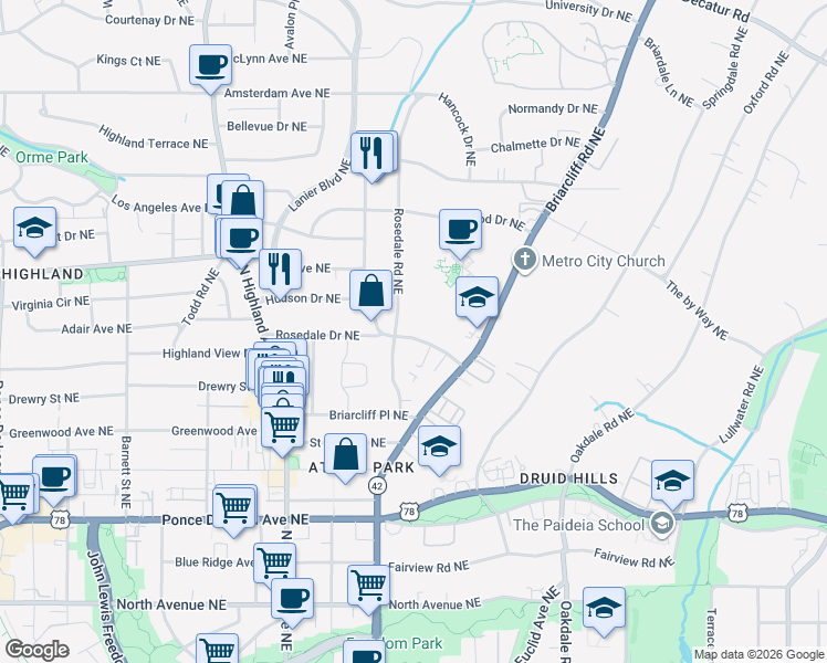 map of restaurants, bars, coffee shops, grocery stores, and more near 1208 Virginia Avenue Northeast in Atlanta