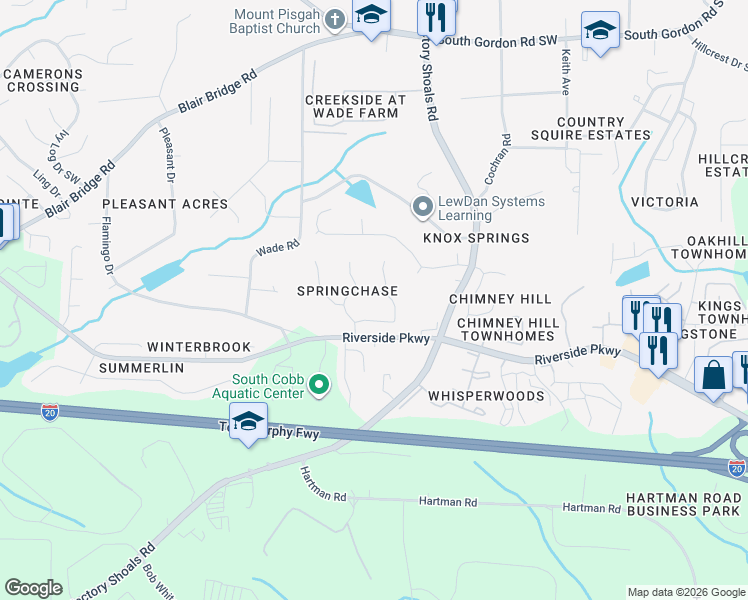 map of restaurants, bars, coffee shops, grocery stores, and more near 834 Springchase Drive in Austell