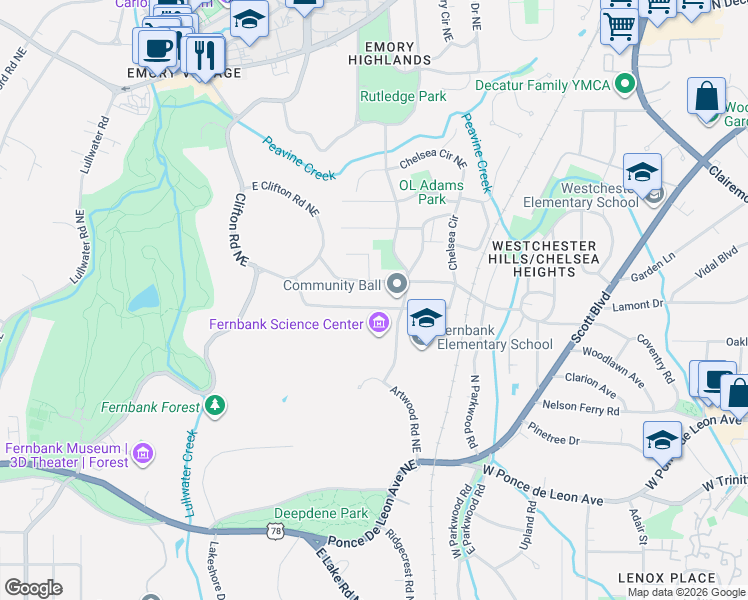 map of restaurants, bars, coffee shops, grocery stores, and more near 1750 Dyson Drive in Atlanta