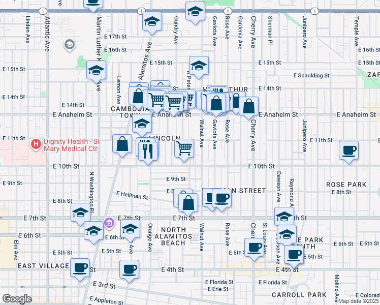 map of restaurants, bars, coffee shops, grocery stores, and more near 1503 East Sunshine Court in Long Beach