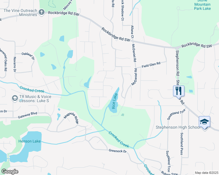 map of restaurants, bars, coffee shops, grocery stores, and more near 6129 Pomerania Trail in Stone Mountain