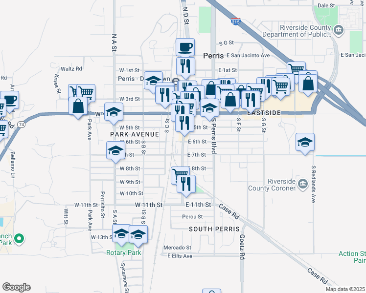 map of restaurants, bars, coffee shops, grocery stores, and more near 738 S D St in Perris