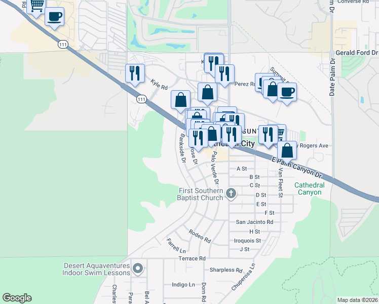 map of restaurants, bars, coffee shops, grocery stores, and more near 36947 Melrose Drive in Cathedral City