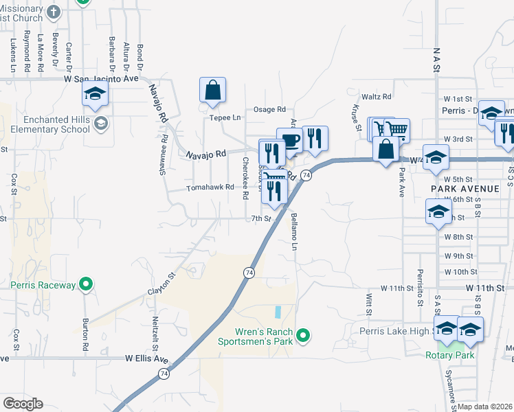 map of restaurants, bars, coffee shops, grocery stores, and more near 660 Sioux Drive in Perris