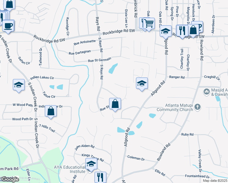 map of restaurants, bars, coffee shops, grocery stores, and more near 4232 Rue Saint Dominique in Stone Mountain
