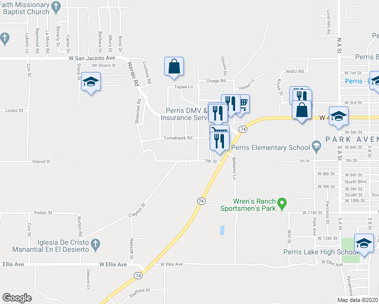 map of restaurants, bars, coffee shops, grocery stores, and more near 675 Apache Road in Perris